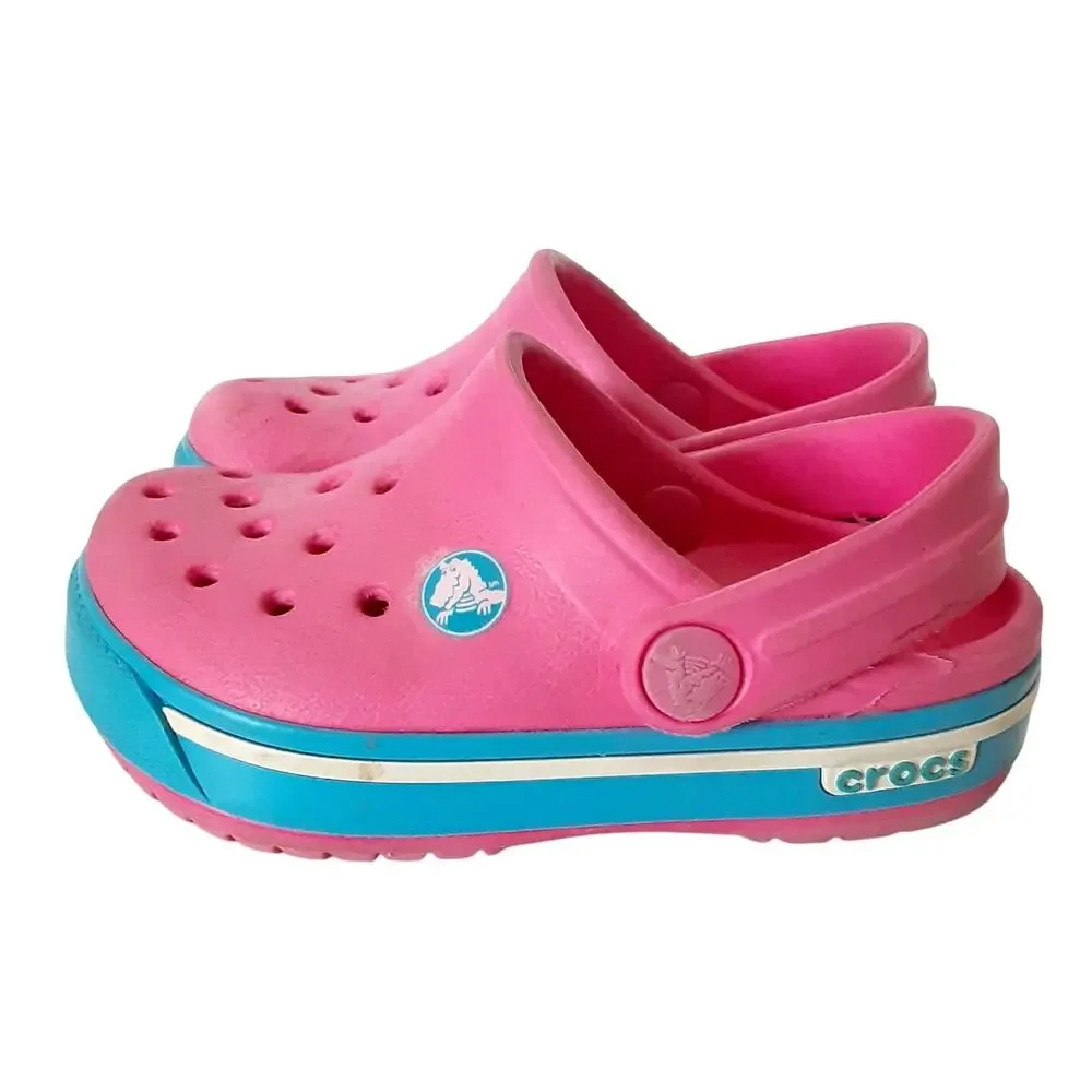 Crocs Crocband Clogs Toddler 4/5 Hot Pink Blue Stripe Retro Water Shoes Summer